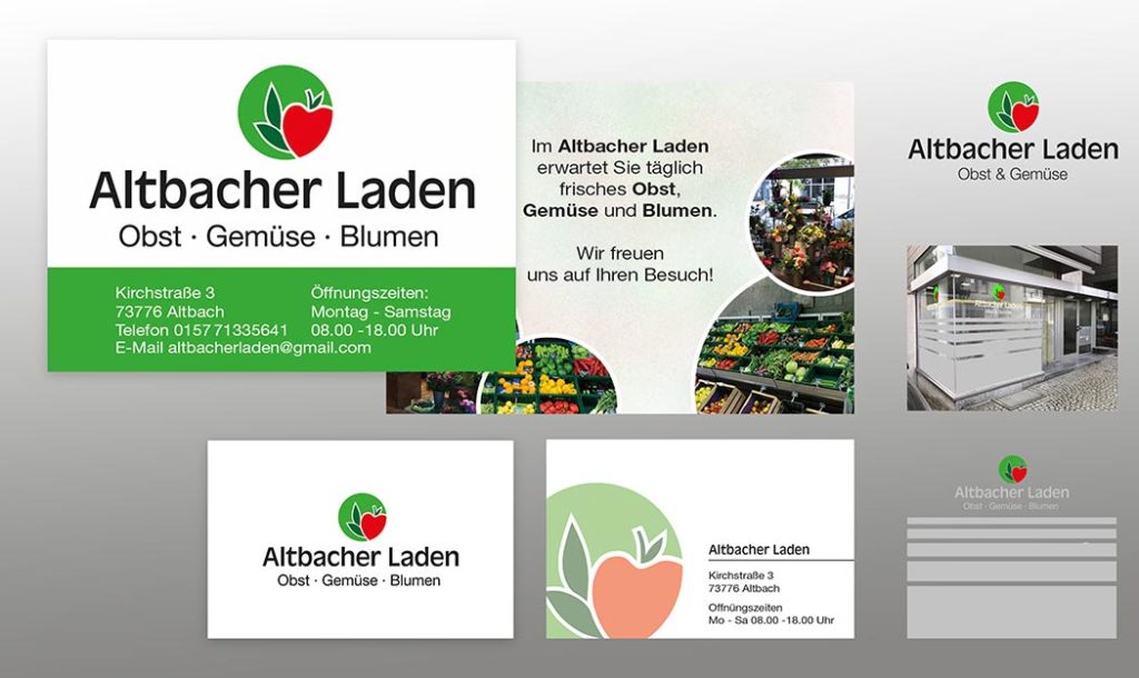 Flyer, Visitenkarten und Druck, Gestaltung Umsetzung von der Schaufensterbeschriftung für den Gemüseladen in Altbach